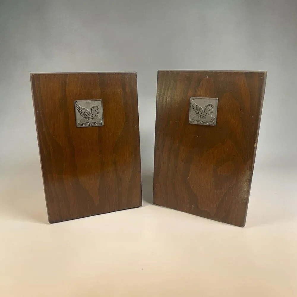 Pegasus Wood Bookends Mid Century Metal Inlay Horse 6.75” Tall Vintage Set of 2